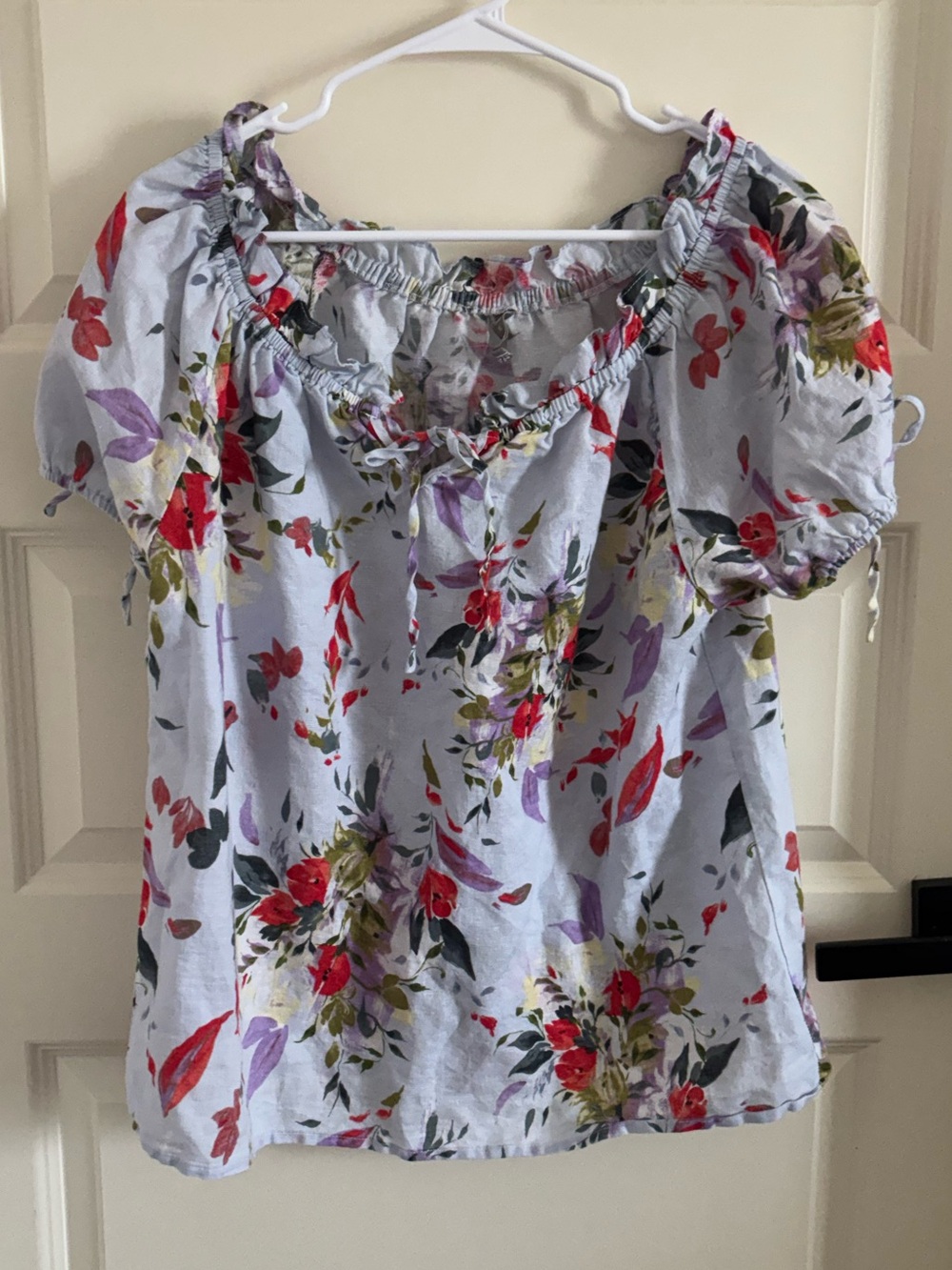 Floral Off-Shoulder Cotton Linen Blend Women's Top in Light Blue